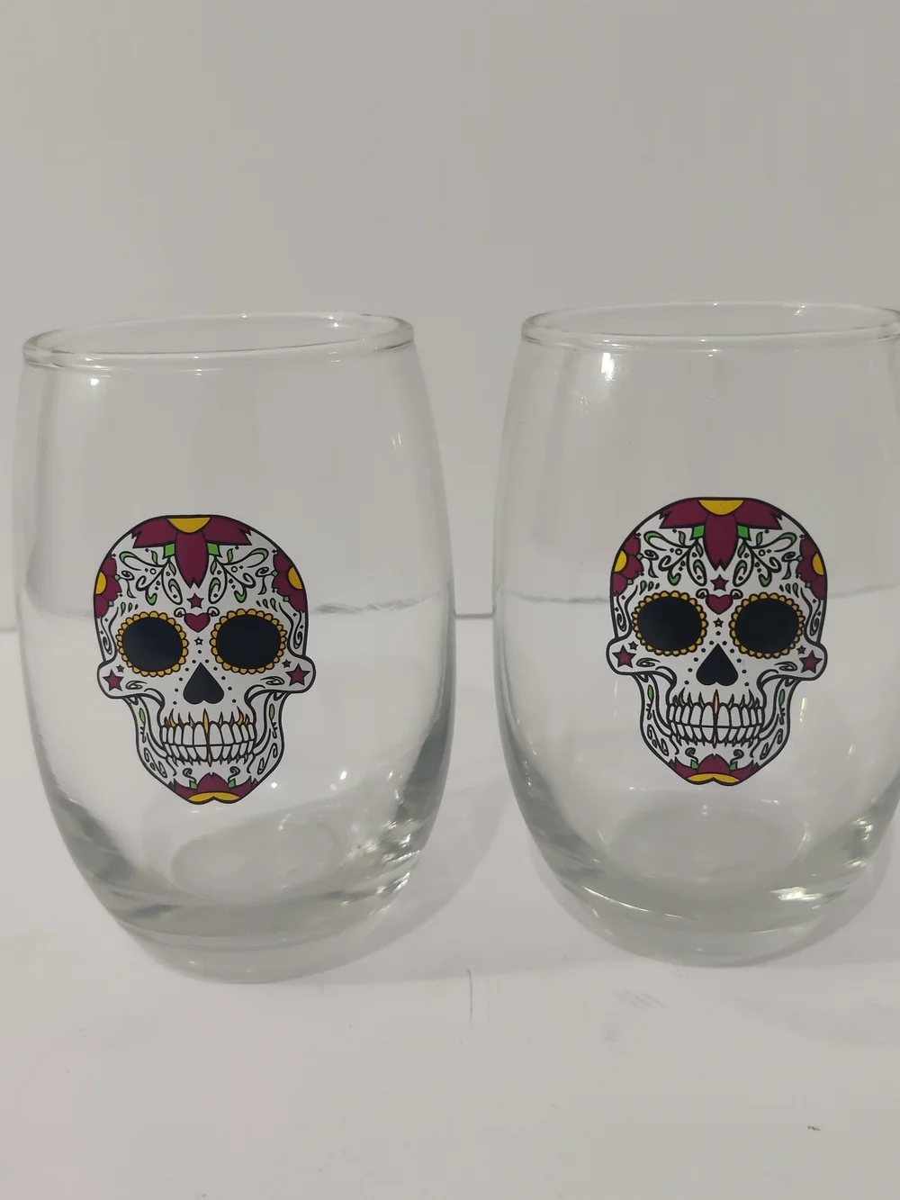 Sugar Skull White Day of the Dead Halloween Stemless Wine Glasses Set of 2